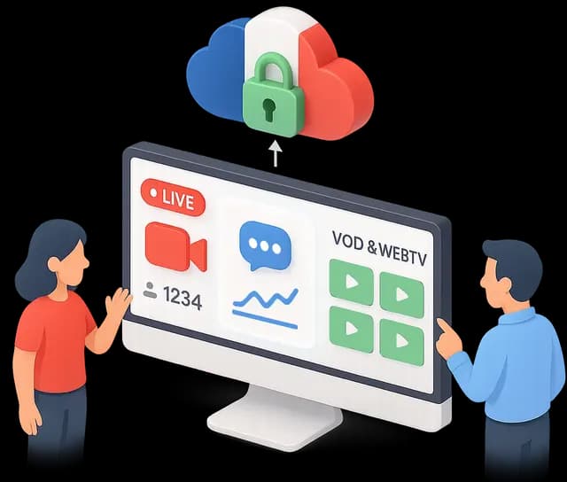 Illustration d’un homme et d’une femme devant un écran d’ordinateur affichant une interface de live streaming en direct, VOD et WebTV, avec une icône de cloud sécurisé aux couleurs de la France symbolisant l’hébergement vidéo sécurisé et la protection des données en France.